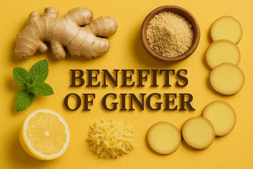 Realistic image of ginger root, powder, lemon, and mint with highlighted "Benefits of Ginger" text in Lora font and shadow effect.