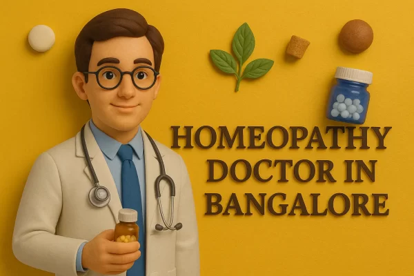 Homeopathy Doctor in Bangalore: Your Guide to Holistic Healing πΏ Homeopathy doctor in Bangalore holding remedies with herbs, amber bottle, and Lora font title in a vibrant, creative, shadowed layout.