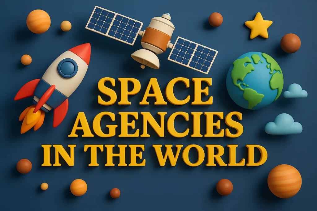 3D HD illustration of colorful space agencies theme with rocket, Earth, and satellites; bold Lora font title with shadow effect.